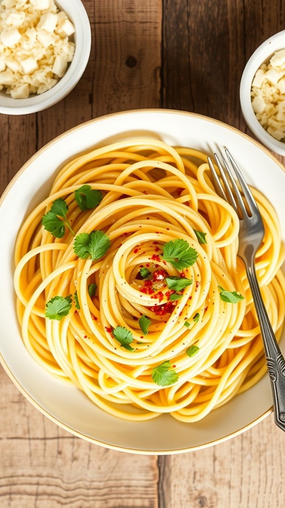 A top view of spaghetti aglio e olio garnished with parsley and red pepper flakes on a rustic table.